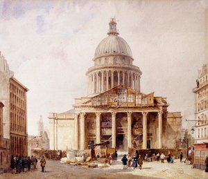 Ansicht des Pantheon im Bau in Paris von der Rue Soufflot. Aquarell von François Étienne Villeret (ca. 1800-1866) 1835