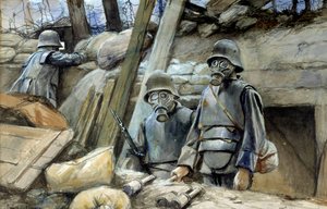 Erster Weltkrieg: Deutsche Soldaten mit Grabenpanzer und Gasmaske, August 1917