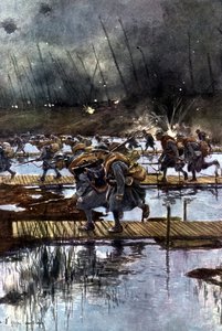 Französisches 1. Infanteriekorps überquert den Yser-Kanal, 31. Juli 1917, 4:45 Uhr. Nach einem Gemälde von Francois Flameng (1856-1923) Franzose.