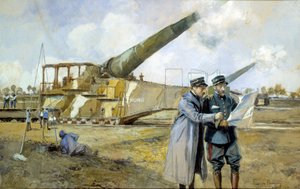 Erster Weltkrieg: 400 Batterie im Oktober 1916 (ALVF oder ALGP (Schwere Artillerie mit großer Reichweite) des Großen Krieges. Kommandanten beobachten einen Schlachtplan. Gemälde von Francois Flameng (1856-1923) von Francois Flameng