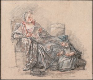 Frau liest und ein Mädchen spielt (vermutlich die Marquise de Pompadour mit ihrer Tochter Alexandrine), 1748 von Francois Guérin
