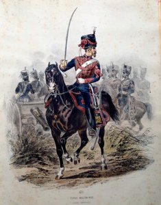 Soldat der kaiserlichen Garde zu Pferd. Lithographie von Francois Lalaisse