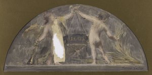 Skizze für den Speisesaal des Hôtel de Ville de Paris, ein Kind hält eine Trompete und das andere ein Bündel und hebt eine große Kiste