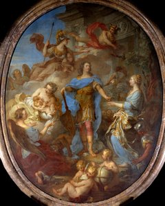 König Ludwig XV. (1710-1774) bringt Europa Frieden. Allegorie zur Zeit des Vertrags von Sevilla, die Göttin Minerva ist dargestellt. Gemälde von Francois le Moyne (1729) von François Lemoyne