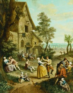 Bauern tanzen und feiern vor einer Taverne, eine ummauerte Stadt im Hintergrund von Francois Louis Joseph Watteau