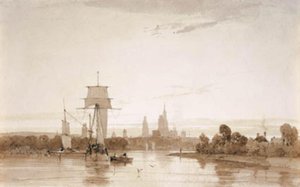 Aussicht von der Seine auf die Kathedrale von Rouen und die Stadt. Morgen von Francois Louis Thomas Francia