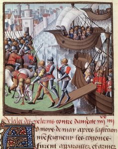 Siebter Kreuzzug: die Flotte der Kreuzfahrer unter der Führung von Saint Louis von Damiette im Jahr 1249. Miniatur aus dem Manuskript „Le Miroir historial de Vincent de Beauvais“, Band III des Meisters François (15. Jahrhundert). Fol.418r. Musée Condé, Cha von Maître François