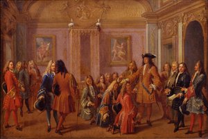 Erste Erhebung der Ritter des Ordens von Saint-Louis durch Ludwig XIV. in Versailles am 8. Mai 169