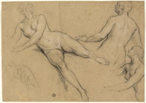 Blatt mit Studien: Drei Frauen und eine Hand (recto); Skizzen von männlichen Akten, Köpfen und Hand (verso) von Francois Marot