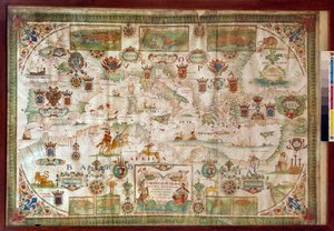 Geografische Karte des Mittelmeers mit den Küsten von Europa (Frankreich, Spanien, Italien) und Afrika (Tunesien, Algerien, Ägypten). Das Meer ist bevölkert mit Monstern und Karavellen, während auf dem Land alle Arten von Tieren und Bewohnern der Region si