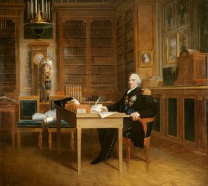 Porträt von Louis XVIII (1755-1824) in seinem Büro in den Tuilerien, über die Charta meditierend