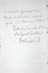 Brief mit Unterschrift des Schriftstellers, geschrieben in Frankfurt auf dem Weg zu Chateaubriands neuem Posten als bevollmächtigter Minister in Berlin, 7. Januar 1821