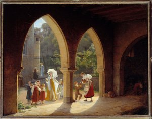 Madame Elisabeth von Frankreich (1764-1794), Schwester von Ludwig XVI., hilft bei der Milchverteilung in ihrem Haus in Montreuil bei Versailles. Gemälde von Francois Richard Fleury (1777-1852)