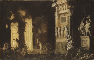 Der Brand von Troja mit Aeneas, der Anchises trägt, von François de Nome