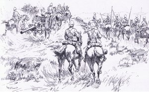 Bullers Kavallerie und Artillerie rücken auf Bergendal vor, Illustration aus After Pretoria: Der Guerillakrieg, 1902 von Frank Algenon Stewart