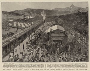 Hilfe von einem treuen Prinzen, Ankunft des ersten Zuges des Gwalior Imperial Service Transport in Kushalgarh von Frank Craig