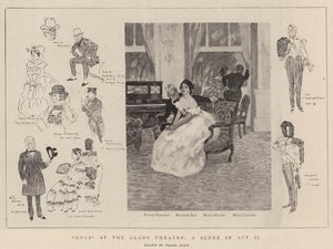 „Ours“ im Globe Theatre, eine Szene in Akt II (Lithografie) von Frank Craig