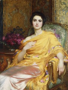 Porträt von Elsa, Tochter von William Hall, dreiviertel Länge, sitzend, ein rosa Kleid und einen gelben Schal tragend, 1927 von Frank Dicksee