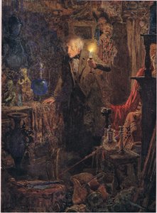 Er war ein kleiner alter Mann mit langen grauen Haaren, dessen Gesicht und Gestalt, als er das Licht über seinen Kopf hielt und vor sich schaute, um 1920 von Frank Reynolds
