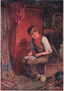Kit trug eine große Scheibe Brot und Fleisch in eine Ecke und machte sich daran, sie mit großer Gier zu verzehren, um 1920 von Frank Reynolds