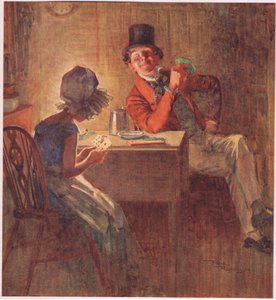 Die Marquise hielt ihre Karten sehr fest in beiden Händen und überlegte, welche sie spielen sollte, ca. 1920 (Farblithografie) von Frank Reynolds