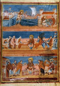 Heiliger Hieronymus verlässt Rom und bezahlt seinen Lehrer in Jerusalem (oben), arbeitet mit seinen Schreibern (Mitte) und verteilt die Vulgata (unten). Miniatur in „Erste Bibel von Karl dem Kahlen, auch bekannt als Bibel von Vivien“ (Folio 3v), 845-846. B
