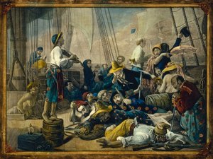 Piraten in Frauenkleidern versuchen, ein Handelsschiff zu täuschen