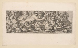 Bacchus mit Satyr, Nereide und Putti im Wasser. Mythologische Figuren am Wasser von François Bignon (attributed to)