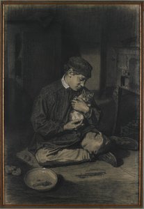Sitzender Junge mit einer Katze (recto); Studie von Kätzchen und einem Teller Milch (verso), ca. 1874-80 von François Bonvin
