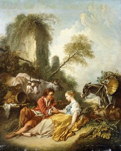 Eine pastorale Landschaft mit einem Hirten und einer Hirtin, die bei Ruinen sitzen von François Boucher