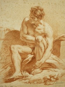 Ein sitzender Akt mit einem Stab, ein Relief mit Putti links