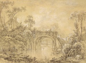 Landschaft mit einer rustikalen Brücke, ca. 1740