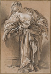 Studie einer drapierten Frau, die sich auf ein Podest lehnt von François Boucher