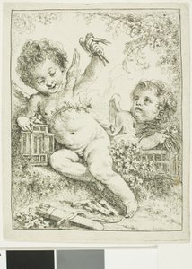 Zwei Putti mit einem Vogel von François Boucher