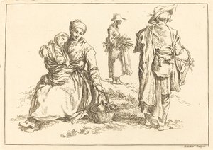 Sitzende Mutter und Kind, zwei stehende Bauern von François Boucher after Abraham Bloemaert