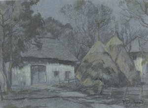Heuschober bei einem Bauernhaus im Mondlicht von François Cachoud