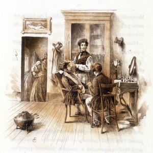 Barbier. Illustration aus „Profil der Grisette“ neu aus der Sammlung „Mimi de Pinson“ von Alfred de Musset