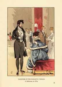 Dandyismus in der Romantik, Ein Ballsaal im Jahr 1834. Geck im Frack mit Schwalbenschwanz, engen Hosen und Zylinder. Frau im Pelzbesatzkleid mit Feder im Haar. Handkolorierte Lithographie von R.V. nach einer Illustration von Francois Courboin aus Octave Uz