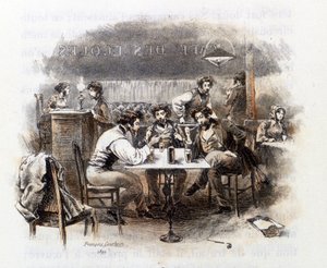 Diskussion zwischen Studenten in einem Pariser Café. Illustration von „Profil einer Grisette“, neu gehörend zur Sammlung „Mimi de Pinson“ von Alfred de Musset von François Courboin