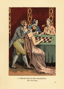 Modische Incroyables in hochgeschlossenen Jacken an einem Spieltisch mit junger Frau und Croupier. Eine Spielhölle im Palais Royal, Jahr VIII von François Courboin
