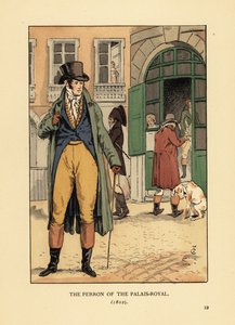 Modischer Herr vor dem Eingang zum Passage du Perron, Palais Royal. Er trägt Hut, Krawatte, Mantel, Weste, Kniehosen und Stiefel. Der Perron des Palais Royal, Paris