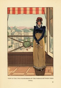 Frau am Fenster mit Blick auf die Panoramen und den Passage des Panoramas, am Boulevard Montmartre, Paris von François Courboin