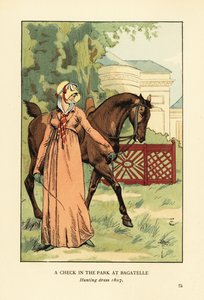 Frau in Jagdkleidung, Haube und Tuch führt ein Pferd im Parc de Bagatelle, Bois de Boulogne, Paris von François Courboin