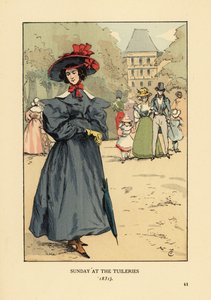 Frau promeniert in Sonntagskleidung im Park. Sie trägt einen breitkrempigen Hut, ein Kleid mit weiten Ärmeln, Stiefeletten und einen Sonnenschirm. Sonntag im Tuileriengarten von François Courboin