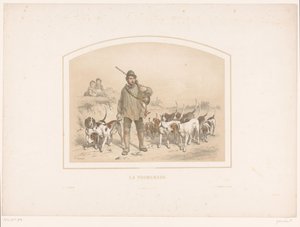 Jäger mit zehn Jagdhunden