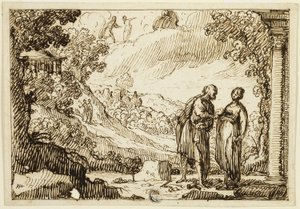 Unidentifizierte mythologische Szene mit Mann und Frau im Gespräch in klassischer Landschaft