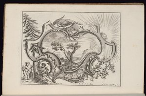 Kartusche mit Vogel und Sonne, Livre de Cartouches Irréguliers (Buch der unregelmäßigen Kartuschen) von François de Cuvilliés the Elder