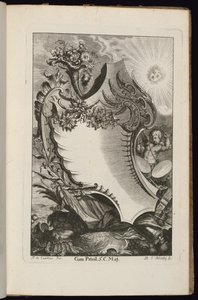 Kartusche mit Füllhorn und Sonne, Buch der unregelmäßigen Kartuschen von François de Cuvilliés the Elder