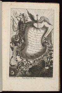 Kartusche mit Merkurstab, Livre de Cartouches Irréguliers (Buch der unregelmäßigen Kartuschen) von François de Cuvilliés the Elder