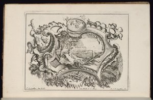 Kartusche mit Putto, der eine Muschel bläst, Livre de Cartouches Irréguliers (Buch der unregelmäßigen Kartuschen) von François de Cuvilliés the Elder